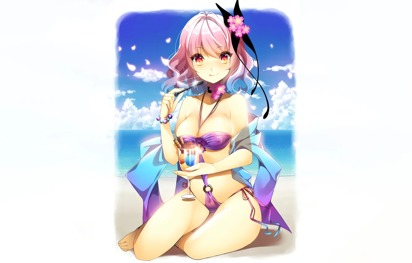 Photo wallpaper girl, sexy, cleavage, beach, pink hair, touhou, legs, sea