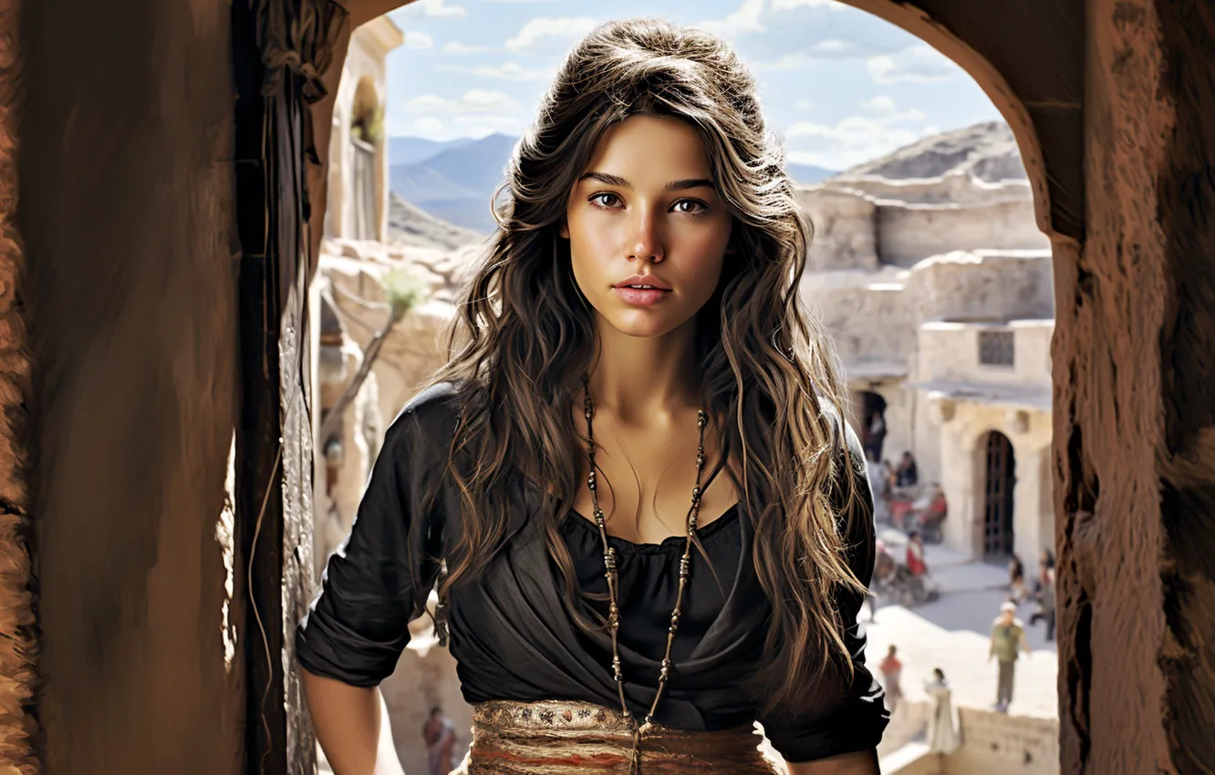 Photo wallpaper look, girl, clouds, light, mountains, the city, people, building