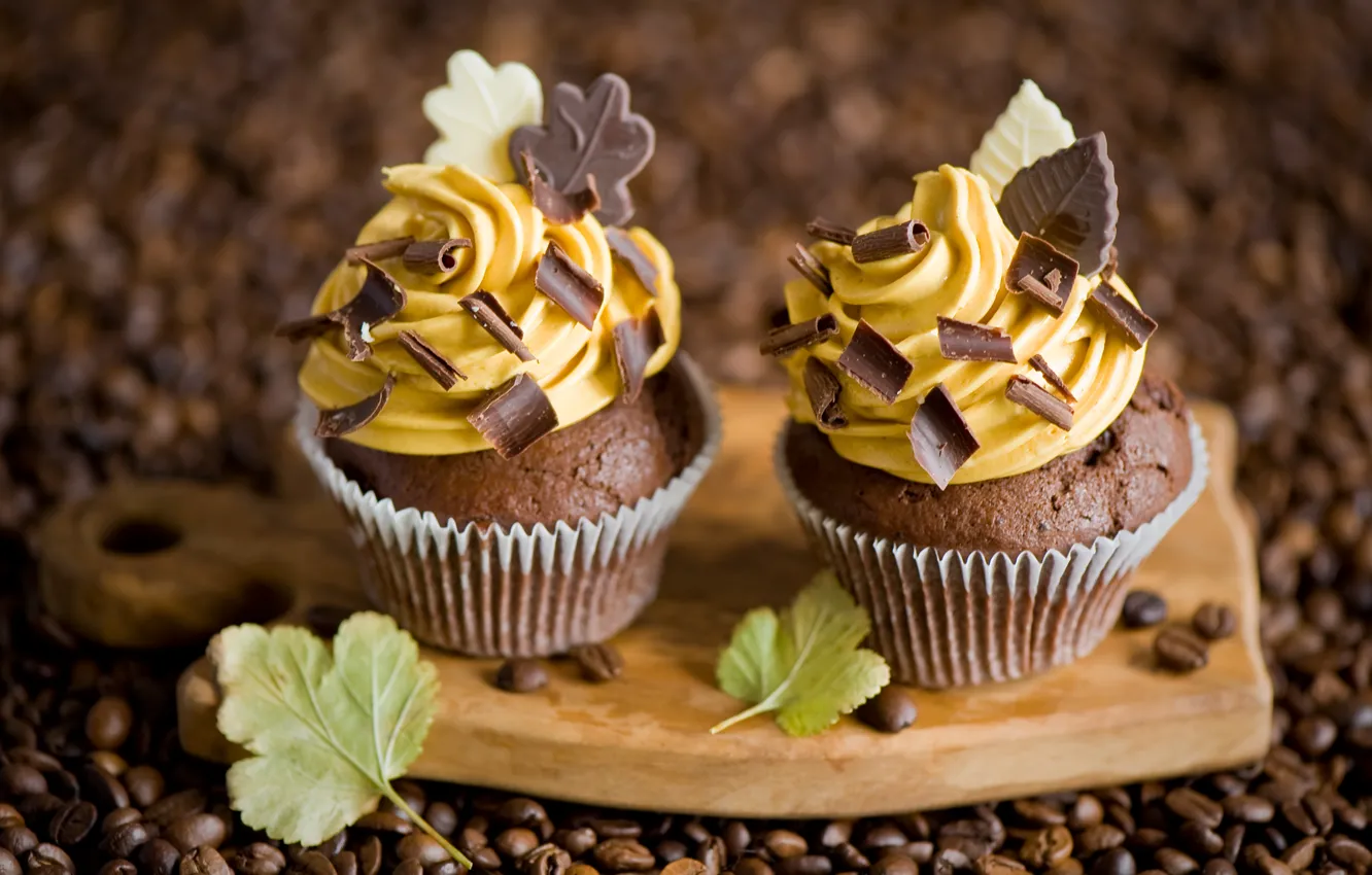 Photo wallpaper yellow, Board, coffee, food, chocolate, grain, sweets, leaves