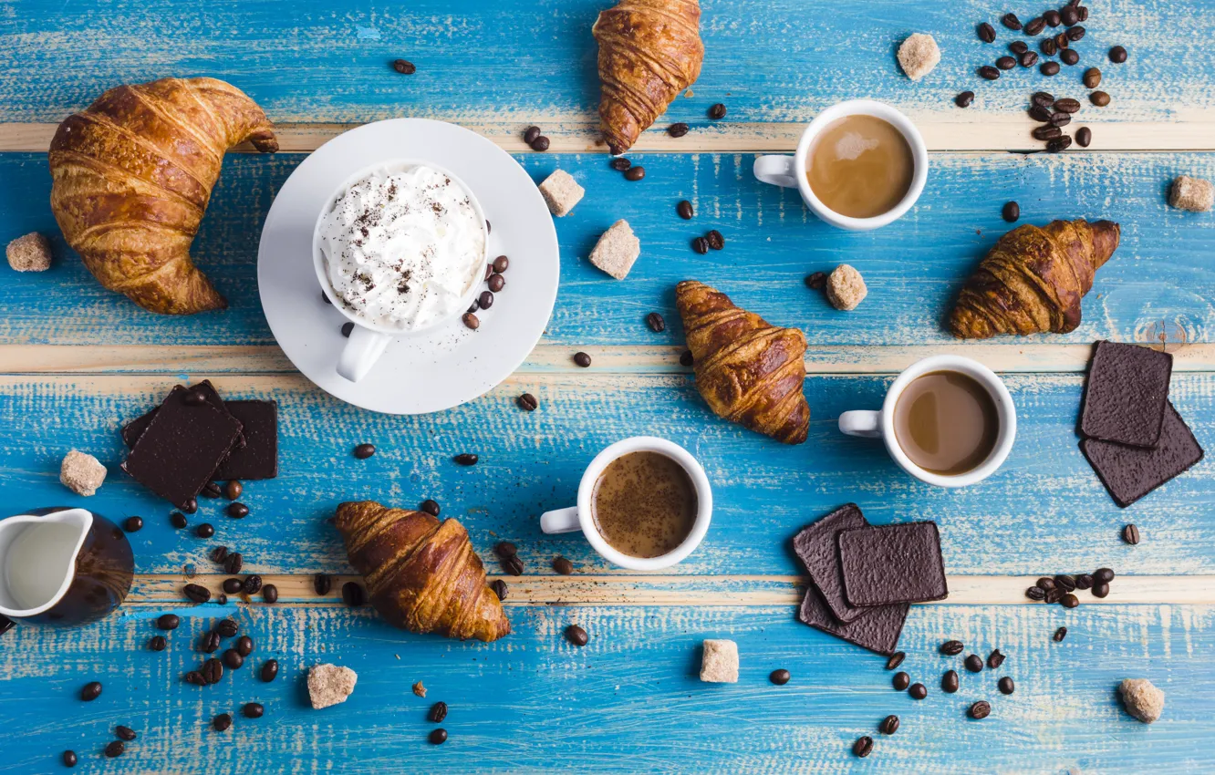 Photo wallpaper coffee, chocolate, composition, croissants, whipped cream