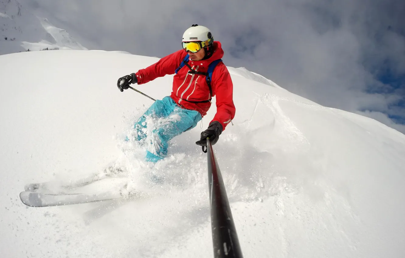 Photo wallpaper winter, snow, mountains, ski, glasses, helmet, skier, extreme sports