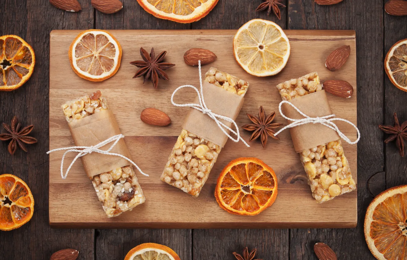 Photo wallpaper orange, cookies, nuts, spices, Anis, cutting Board