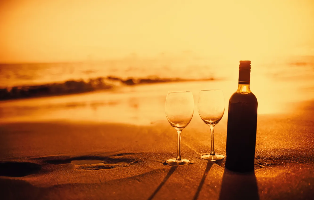 Photo wallpaper sand, beach, wine, glass, bottle, the evening, beach, sunset
