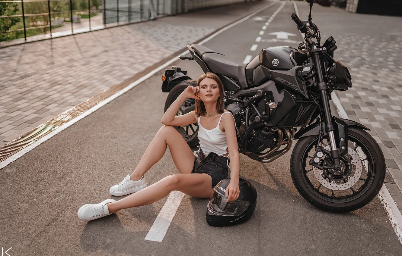 Photo wallpaper road, look, girl, pose, feet, motorcycle, helmet, Sergey Freyer