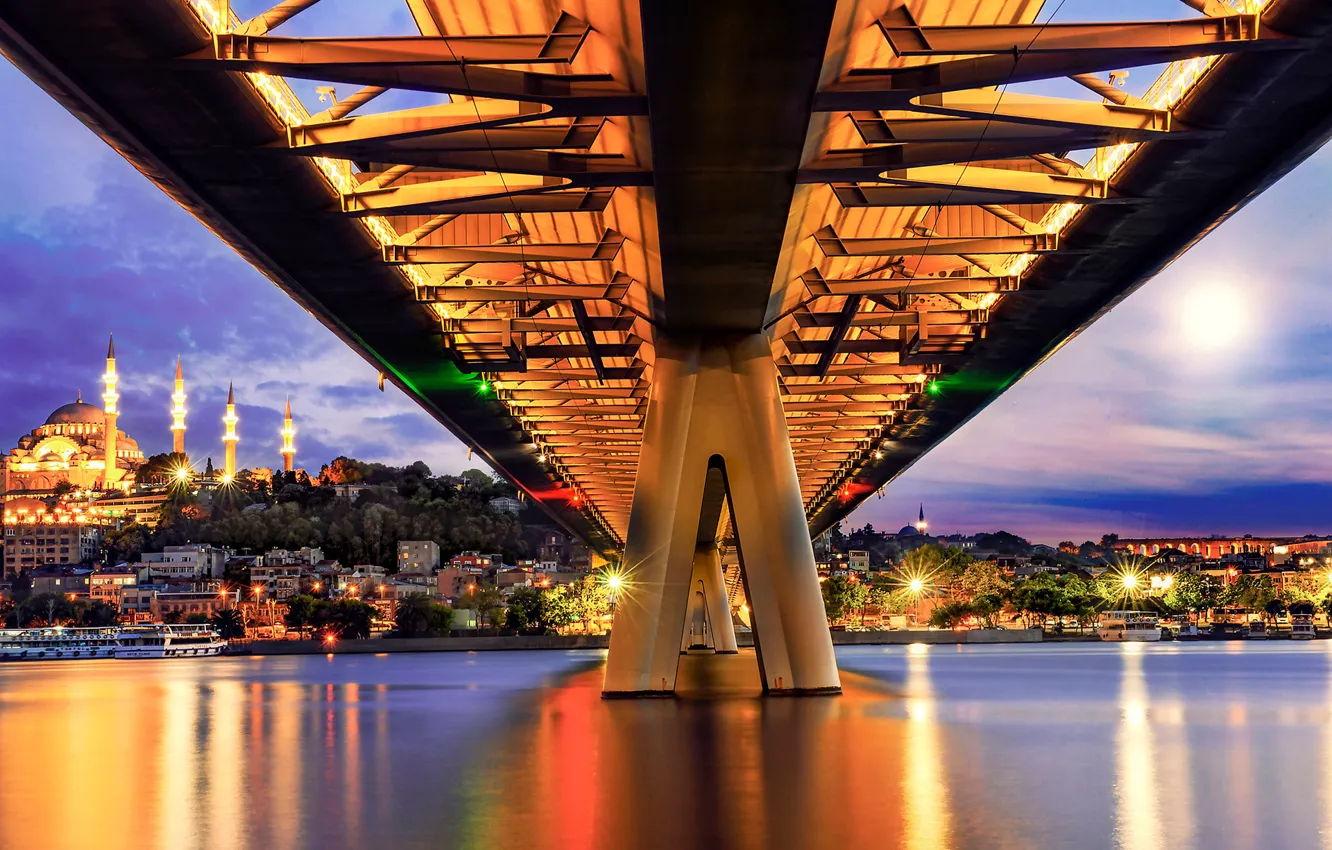 Photo wallpaper bridge, lights, river, shore, home, the evening, lights, Istanbul