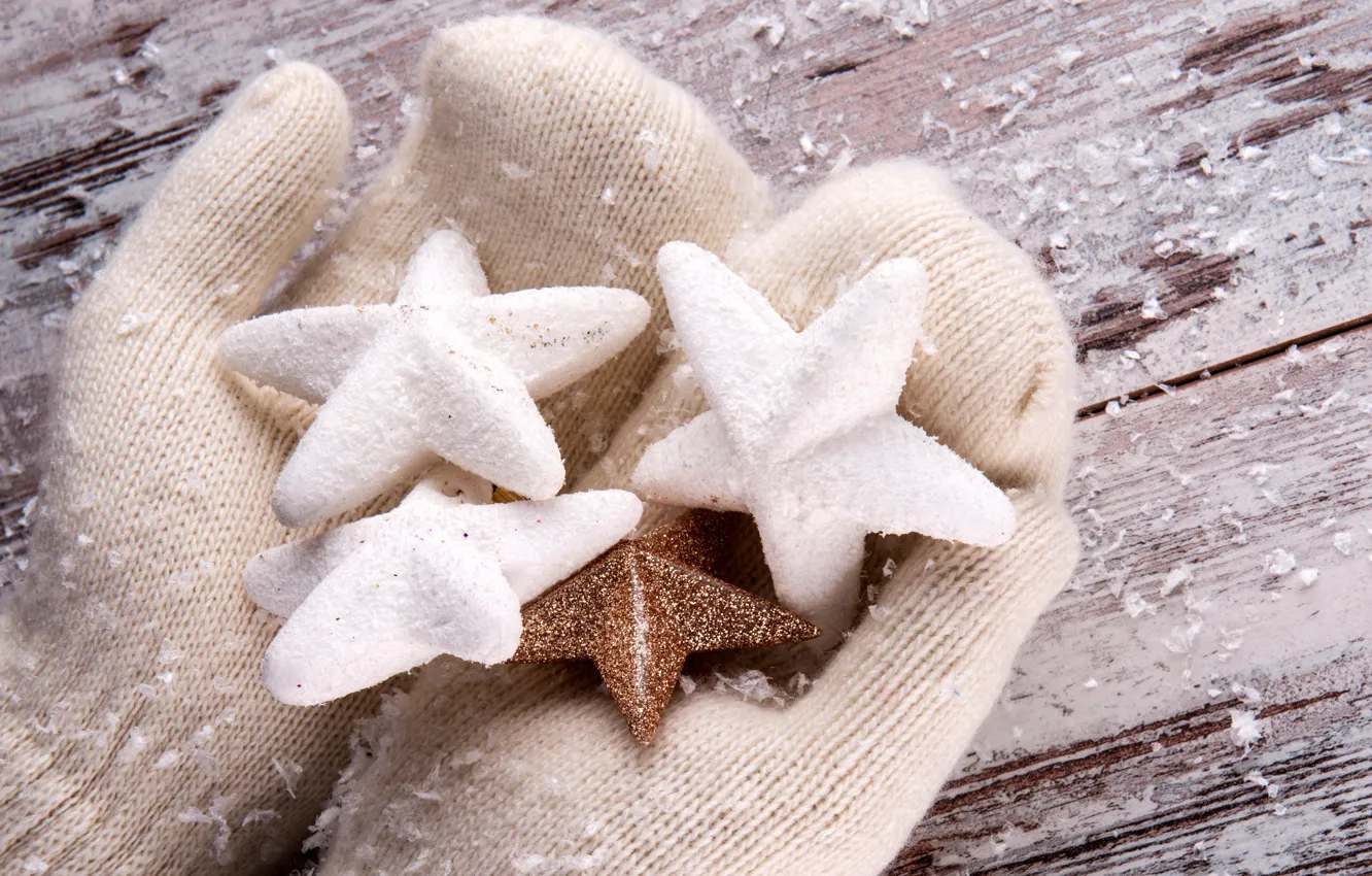Photo wallpaper winter, stars, snow, mittens