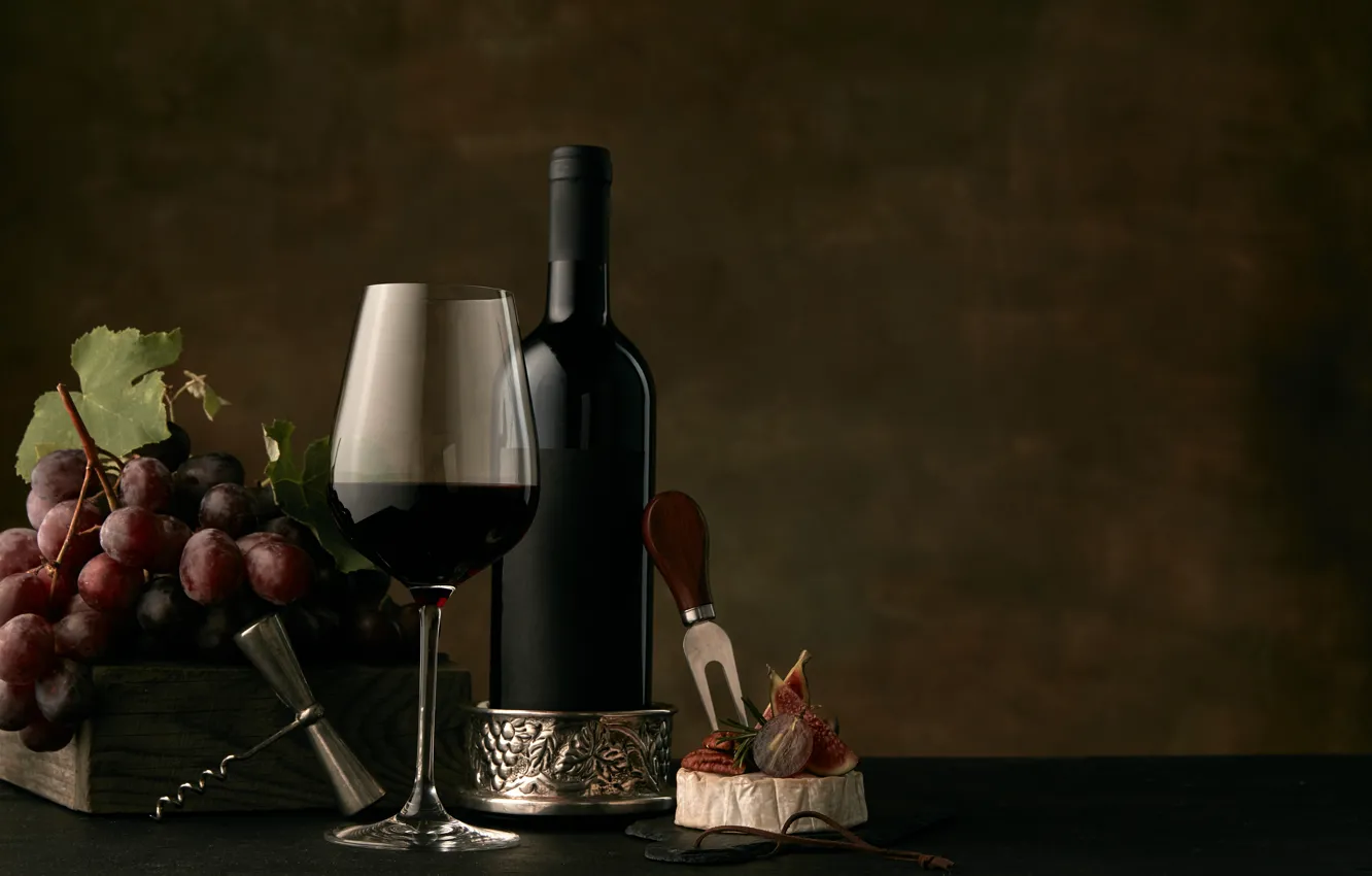 Photo wallpaper wine, glass, bottle, grapes