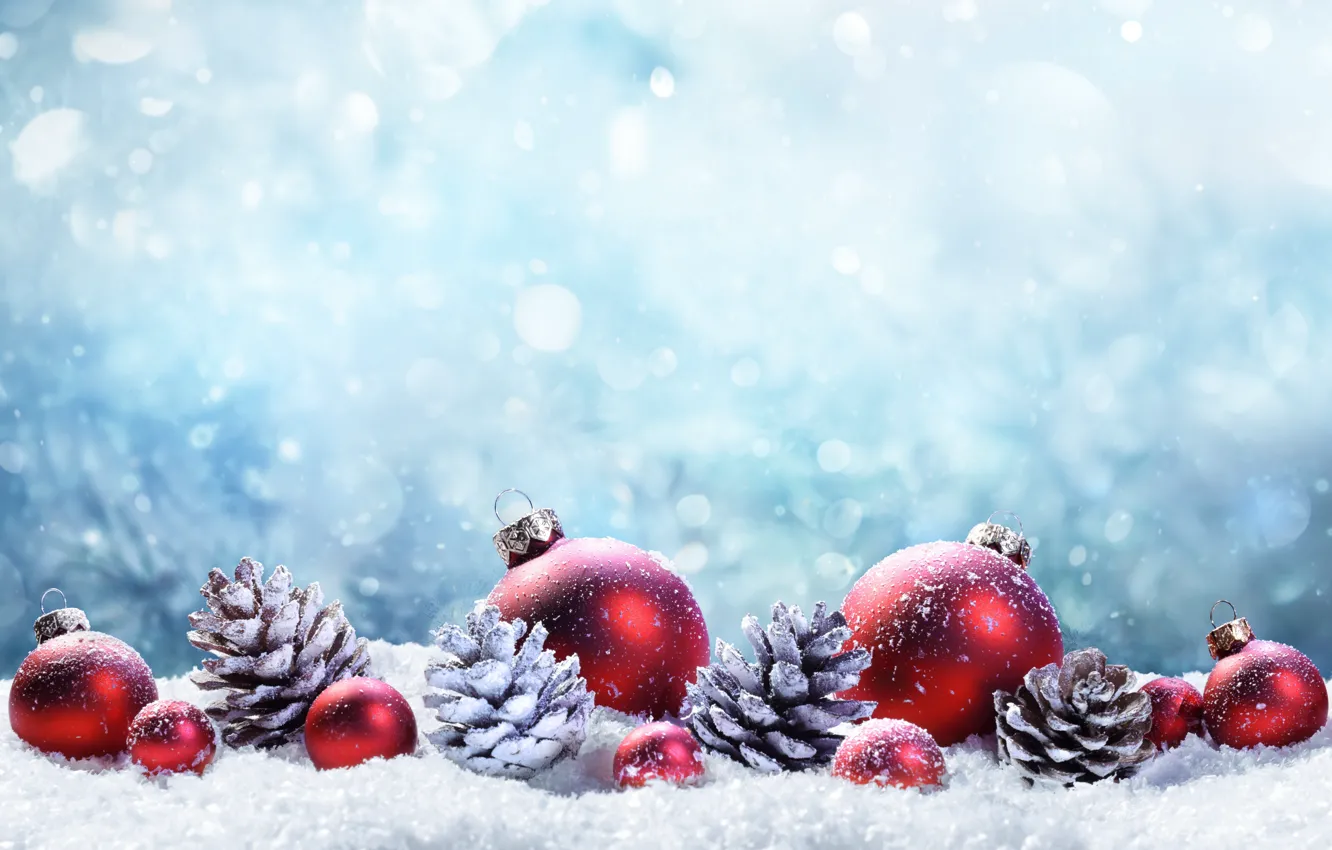 Photo wallpaper winter, snow, decoration, balls, tree, New Year, Christmas, happy