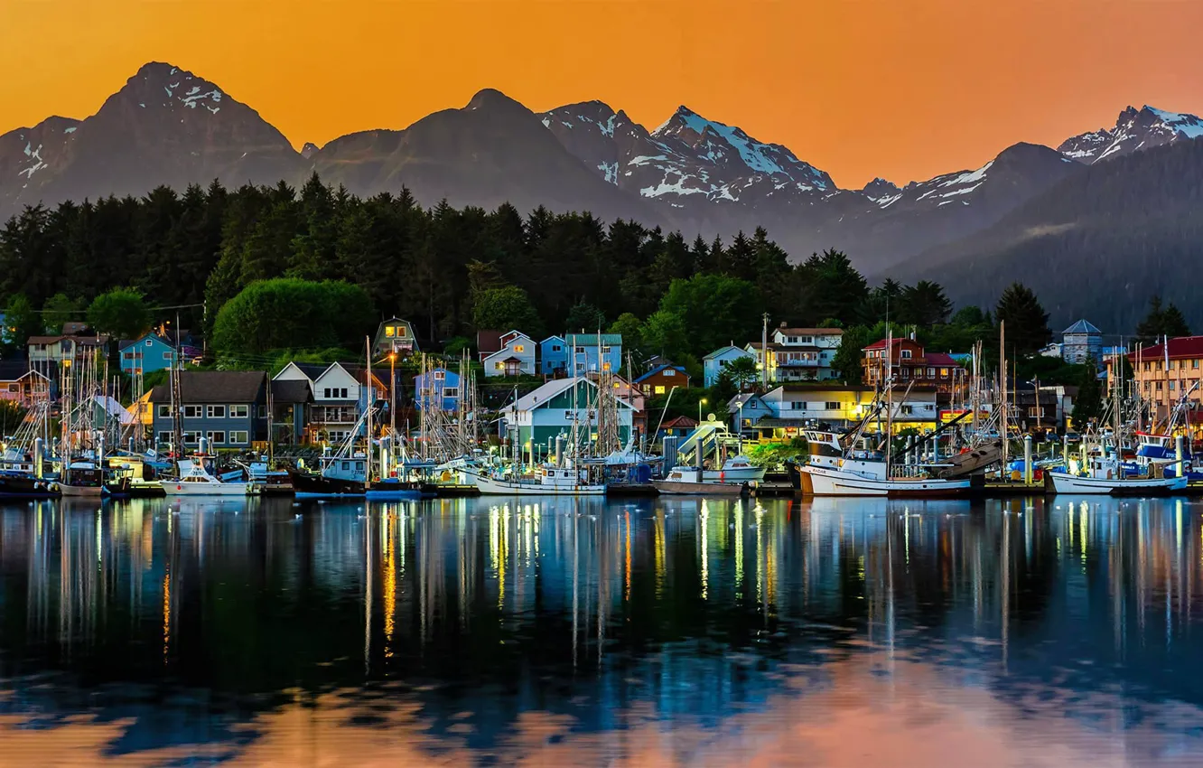 Photo wallpaper mountains, Alaska, USA, harbour, Sitka