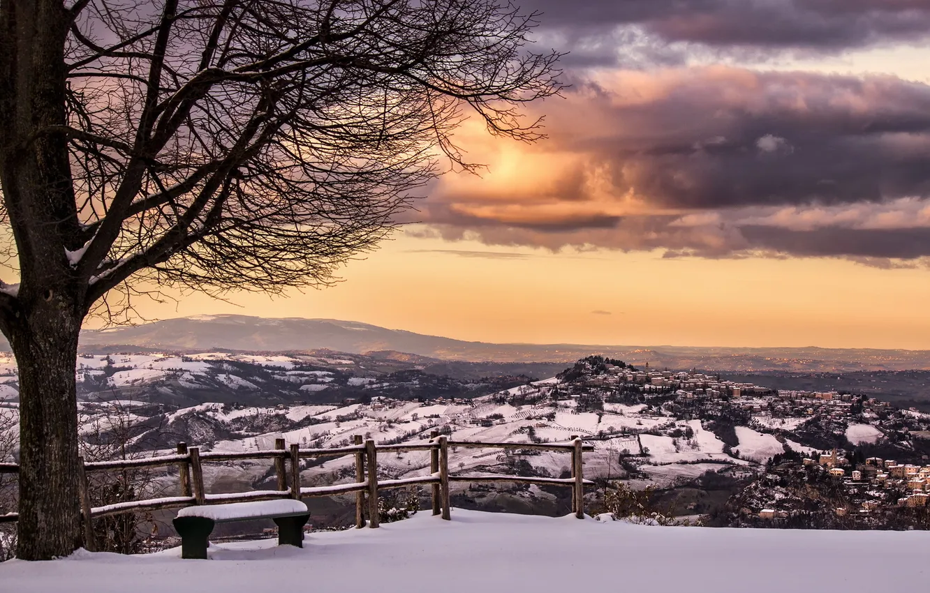 Photo wallpaper winter, landscape, sunset, Italy, bench, Marche, Smerillo