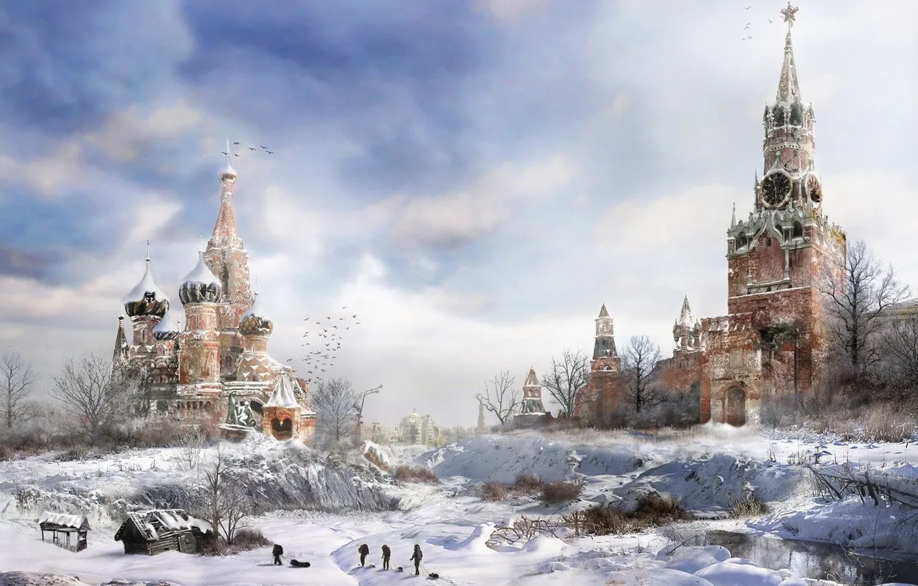 Photo wallpaper game, metro 2033, winter, Moscow, clock, cold, drawing