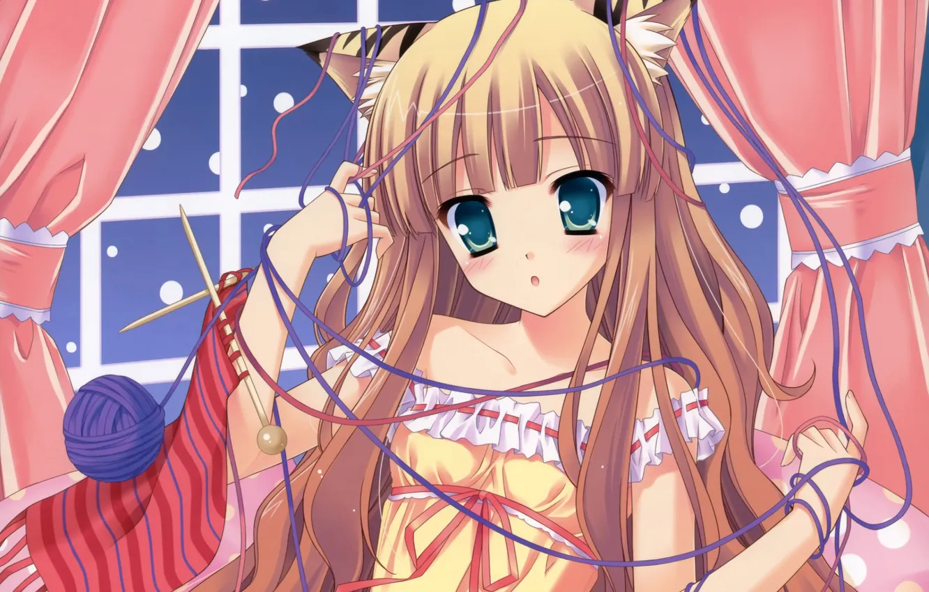 Photo wallpaper tangle, room, window, girl, ears, thread, neko, yarn