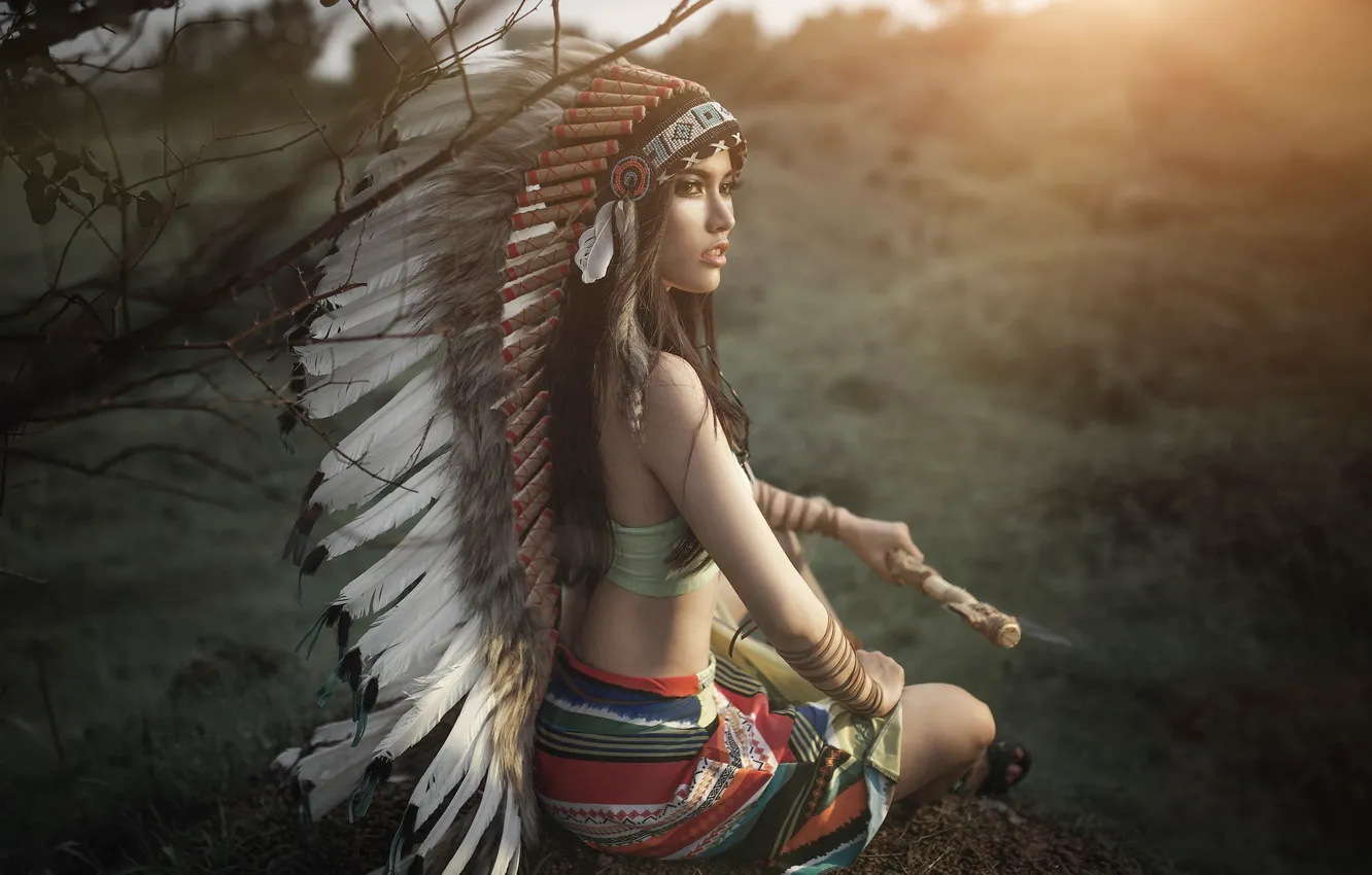 Photo wallpaper girl, face, style, background, feathers, axe, headdress