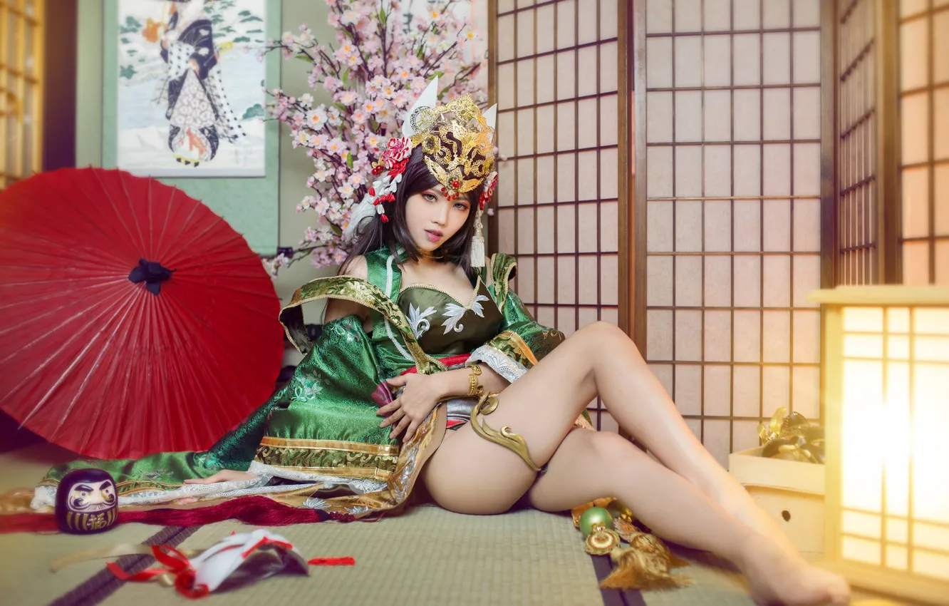 Photo wallpaper look, girl, light, decoration, flowers, red, face, pose