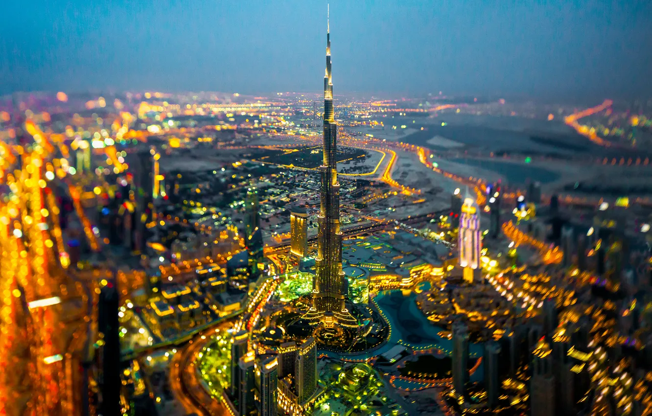 Photo wallpaper lights, horizon, Dubai, street, Burj Khalifa, at night