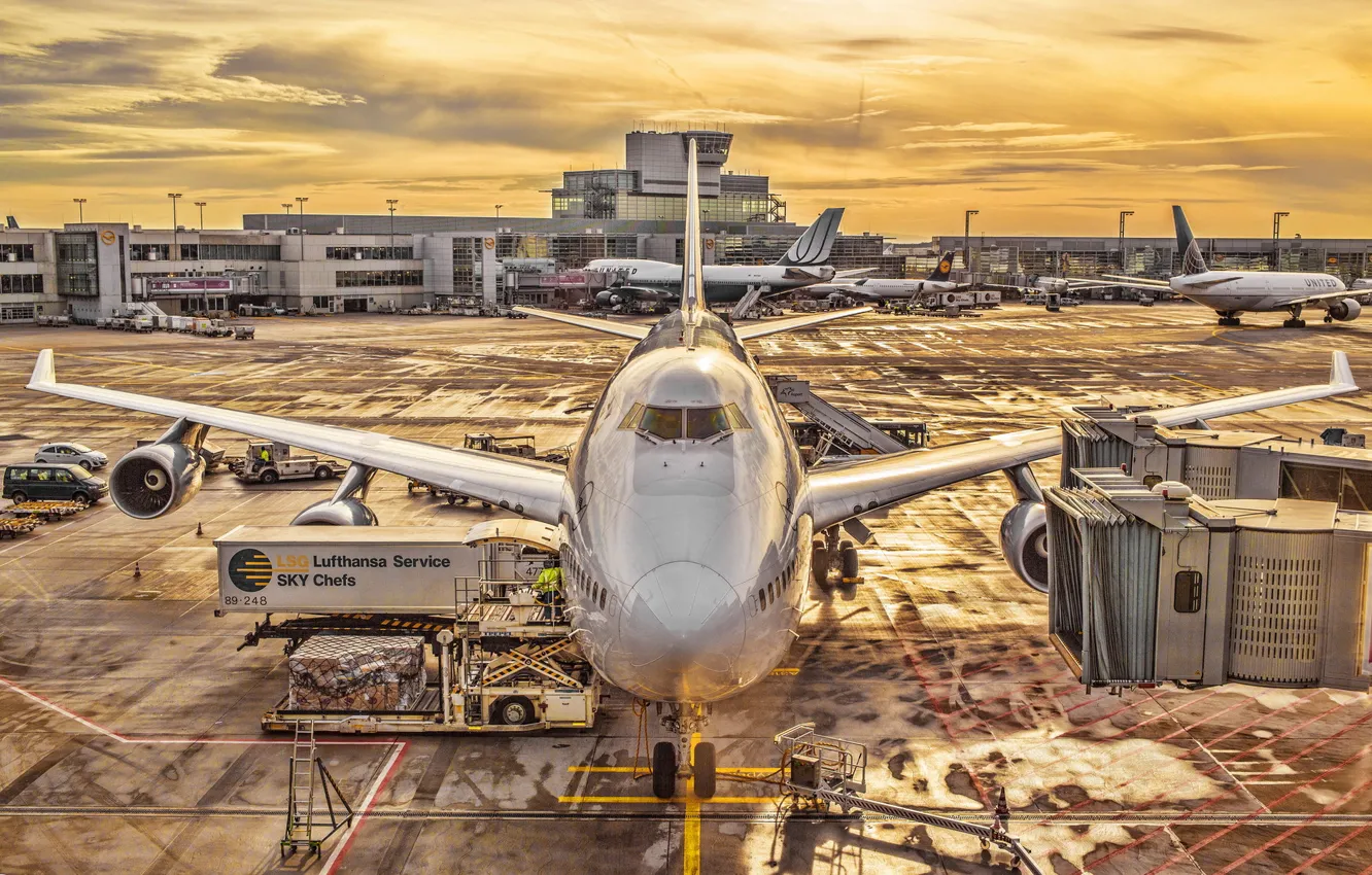 Photo wallpaper HDR, Frankfurt, Germany, sunset, plane, Lufthansa