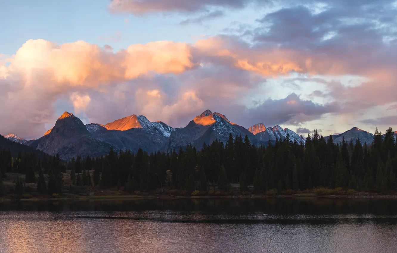 Photo wallpaper forest, clouds, mountains, shore, ate, pond