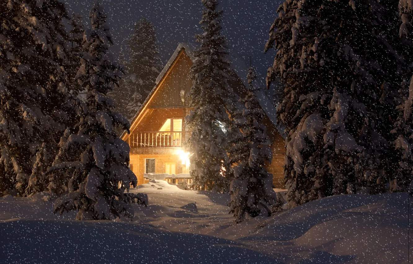Photo wallpaper nature, the evening, house, house, snowfall, nature, evening, Snow trees