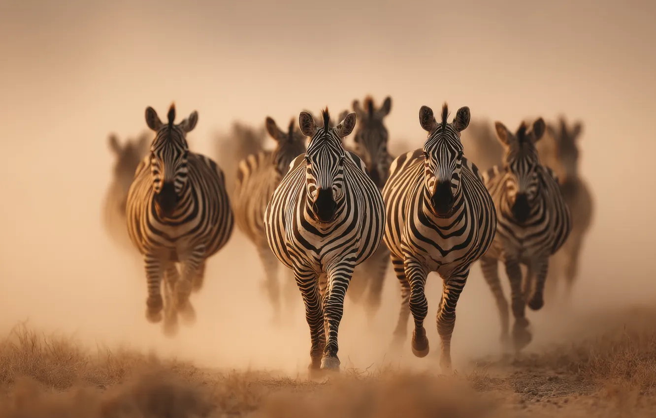 Photo wallpaper road, field, look, face, dust, running, Zebra, a lot