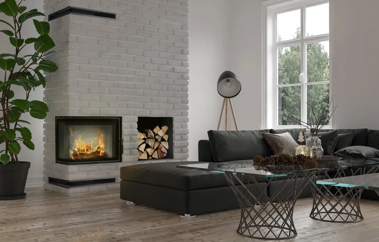 Photo wallpaper flowers, design, style, interior, fireplace, sofa, living room
