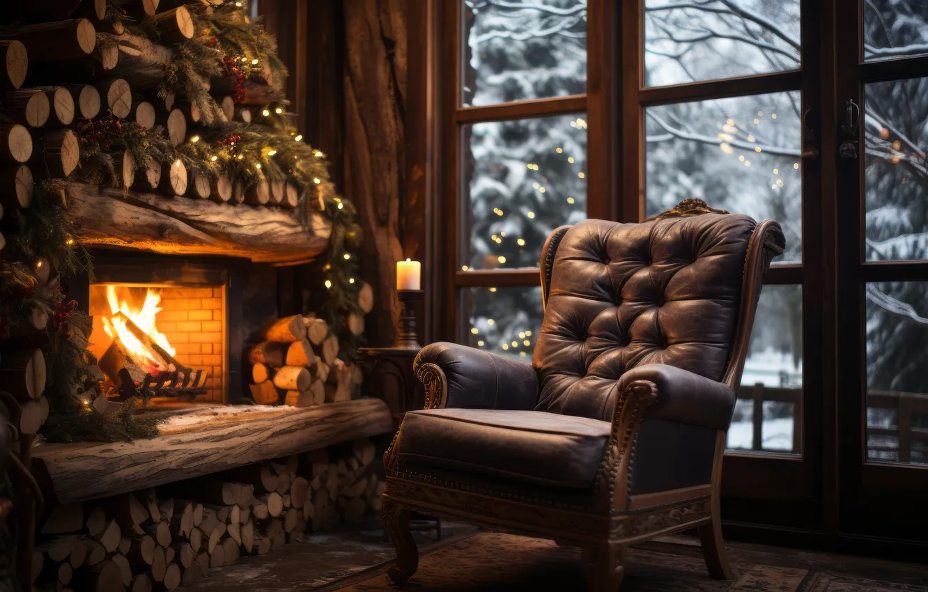 Photo wallpaper room, new year, interior, chair, Christmas, fireplace, Christmas, view