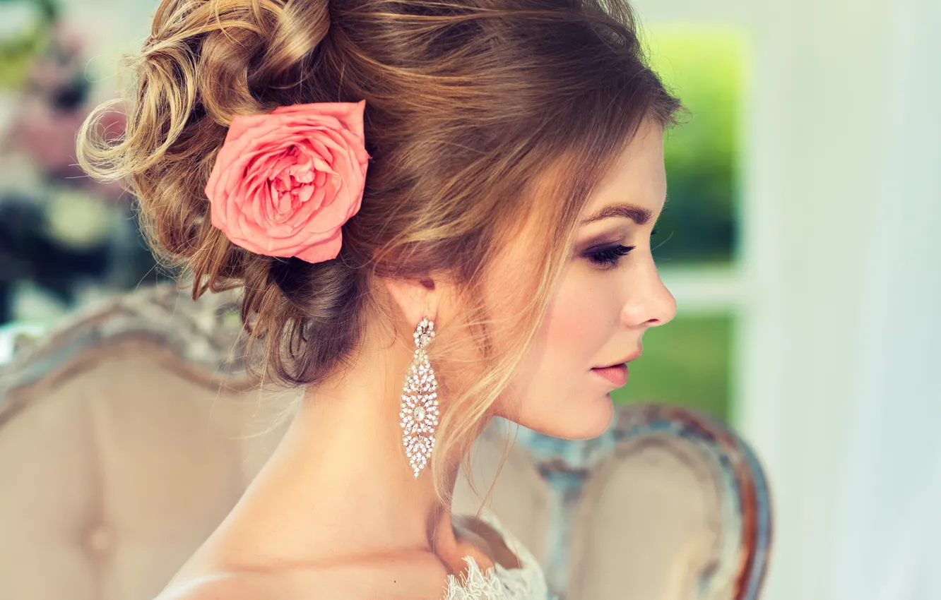 Photo wallpaper girl, style, rose, earrings, makeup, hairstyle, profile
