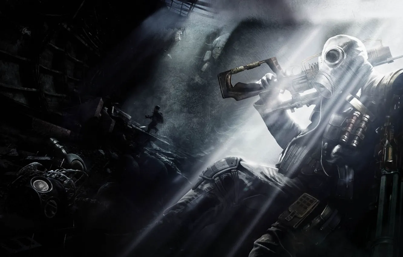 Photo wallpaper light, weapons, people, gas mask, subway, Metro: Last Light