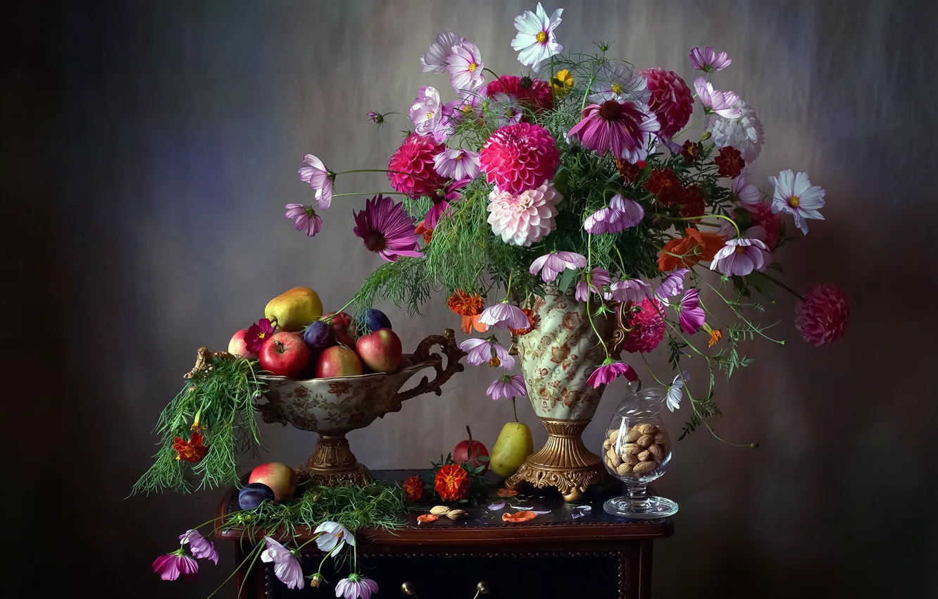 Photo wallpaper flowers, apples, glass, table, vase, fruit, nuts, still life