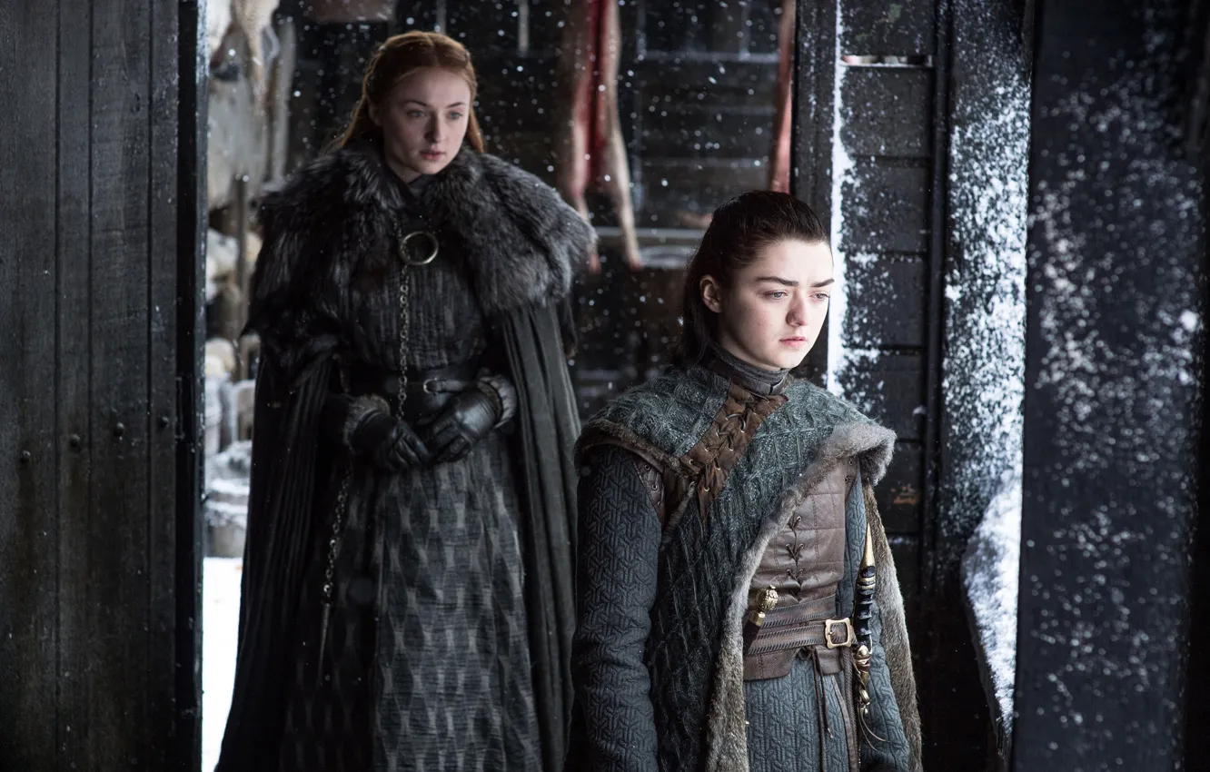 Photo wallpaper snow, movie, Game of Thrones, castle, cold, Sophie Turner, Arya Stark, Sansa Stark