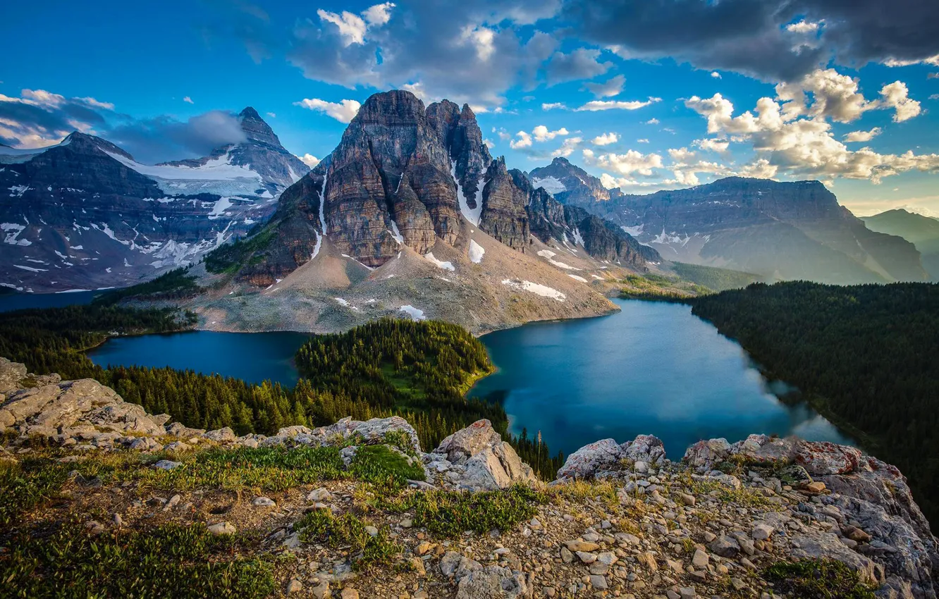 Photo wallpaper the sky, clouds, mountains, lake