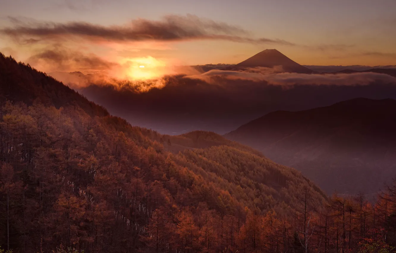 Photo wallpaper the sky, landscape, sunset, mountains, hills, the volcano, Japan, Fuji