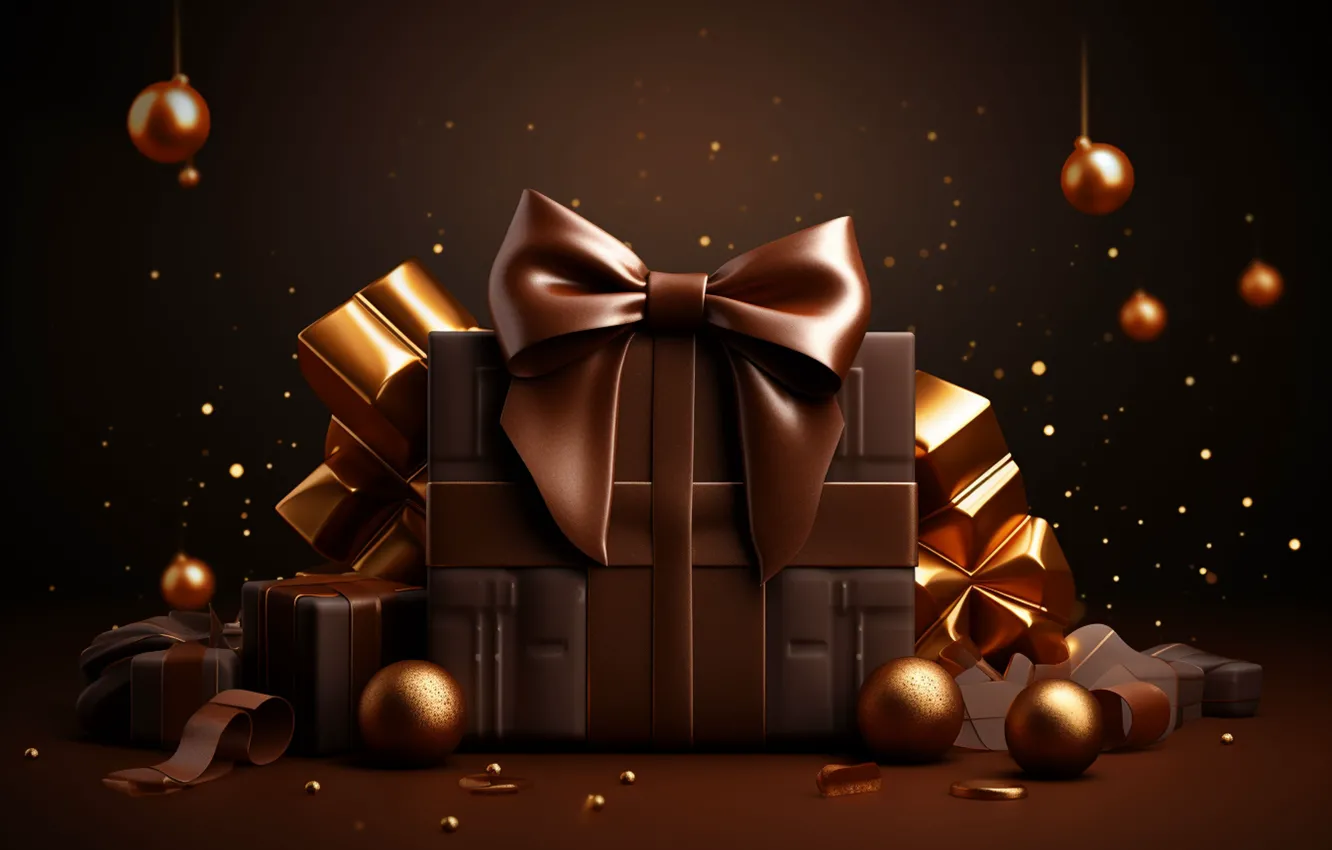 Photo wallpaper balls, the dark background, gift, new year, chocolate, Christmas, gold, gold plated