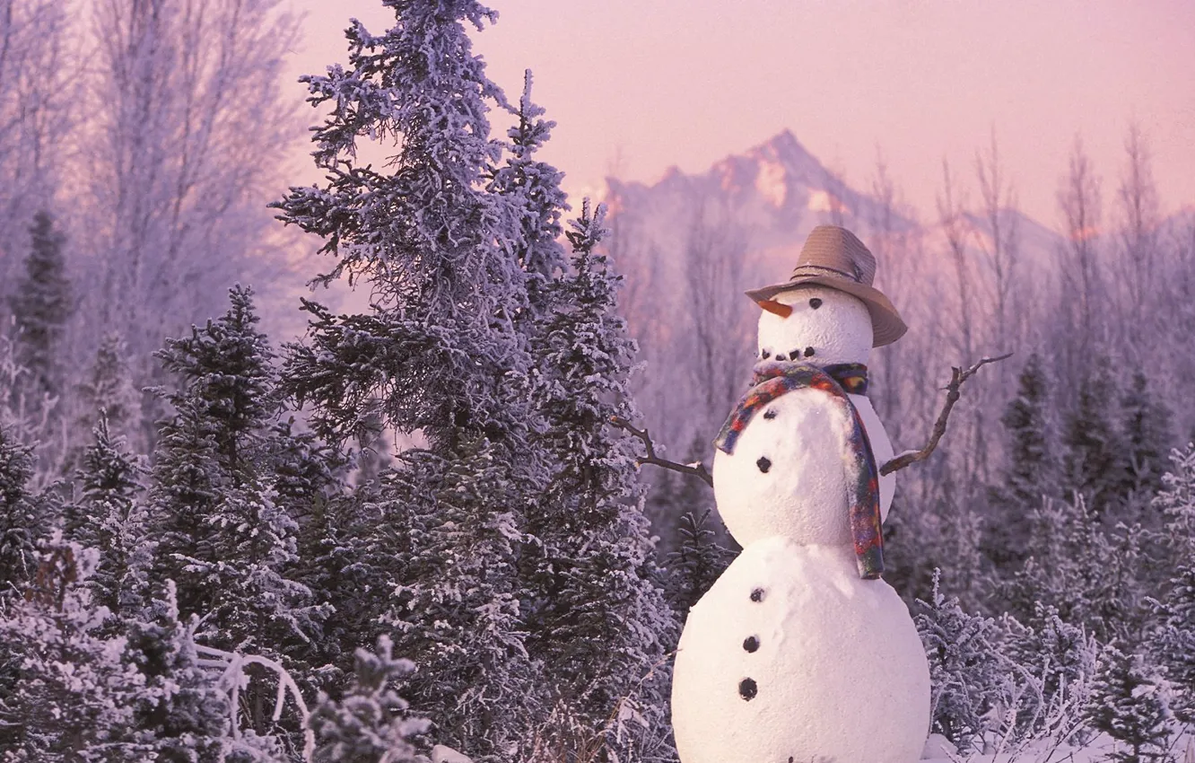 Photo wallpaper winter, forest, new year, snowman