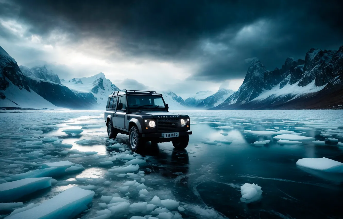 Photo wallpaper ice, machine, auto, mountains, lake, jeep, Range Rover, neural net1