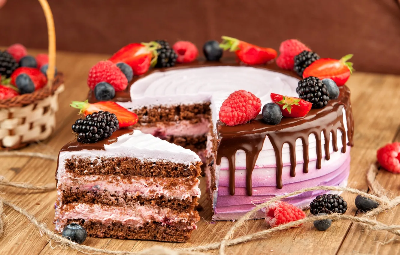 Photo wallpaper berries, raspberry, chocolate, strawberry, cake, cream, BlackBerry, blueberries