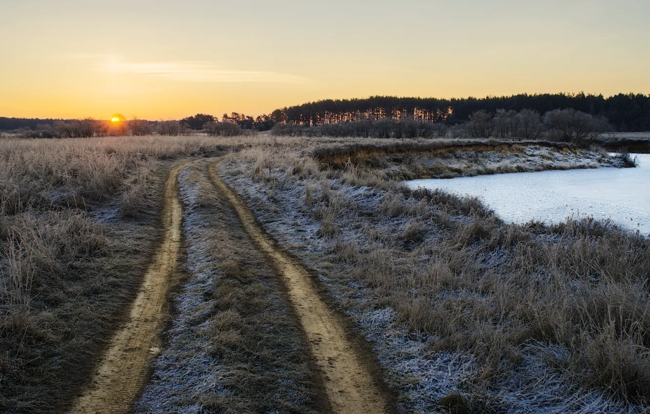 Photo wallpaper frost, road, field, autumn, landscape, morning