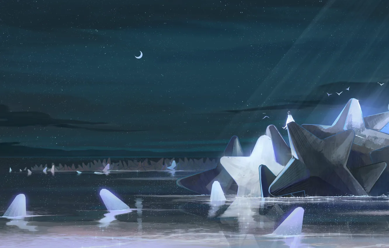 Photo wallpaper the sky, water, stars, night, fantasy, Crescent