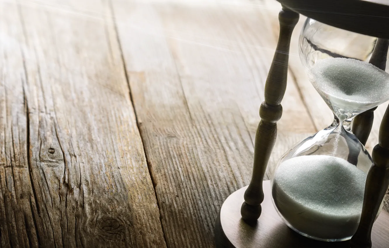 Photo wallpaper Wood, sand, table, clock, hourglass