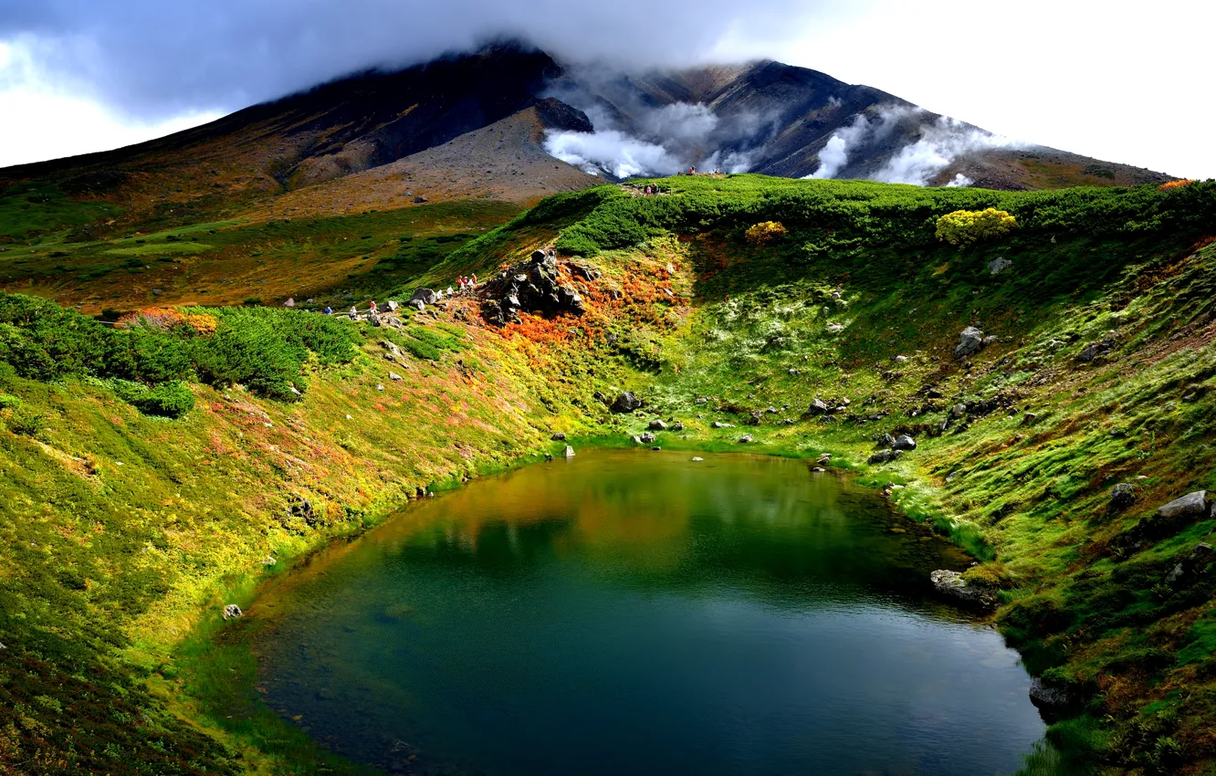 Photo wallpaper mountains, lake, the volcano, Japan, Hokkaido, Following