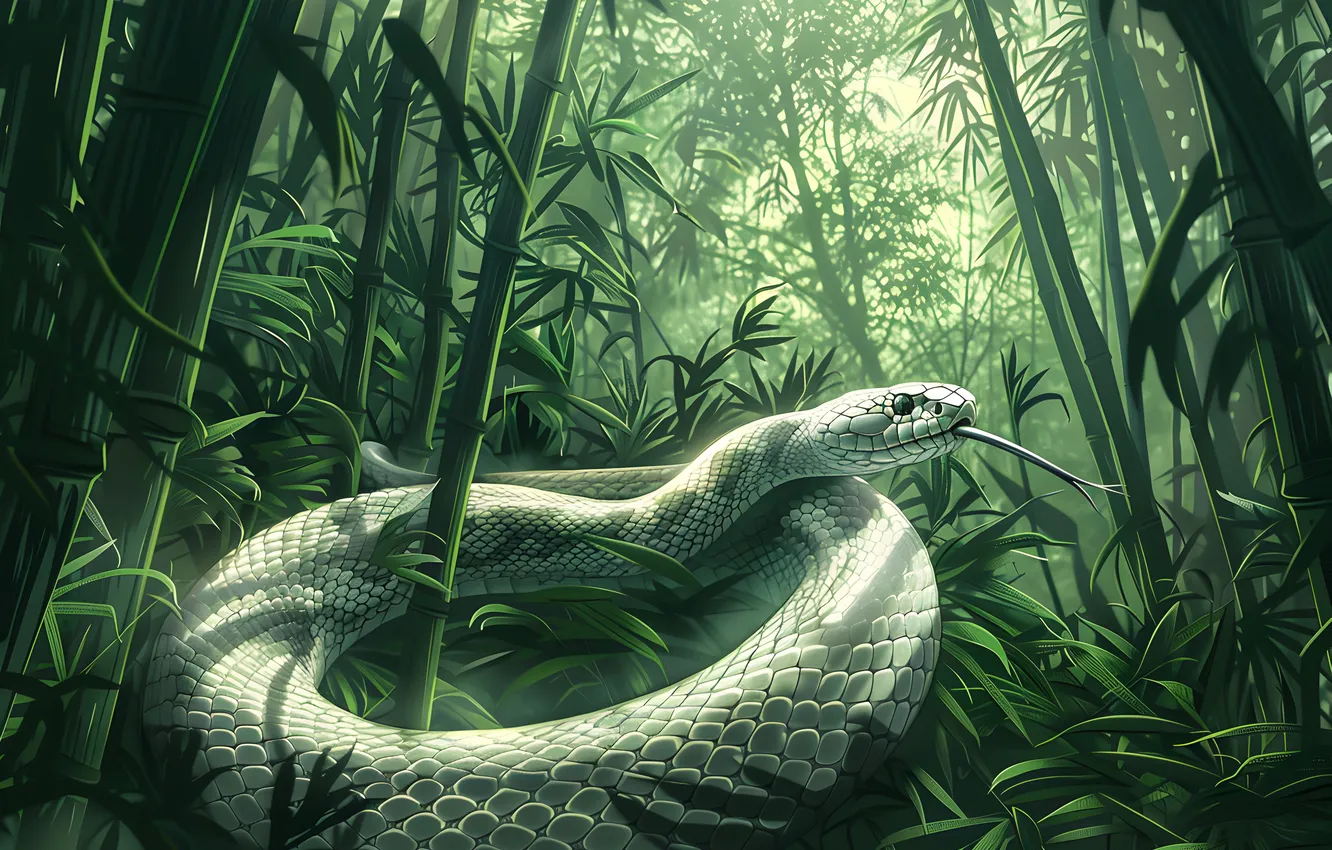 Photo wallpaper language, animal, snake, bamboo, art, reptile, digital art, imitation painting