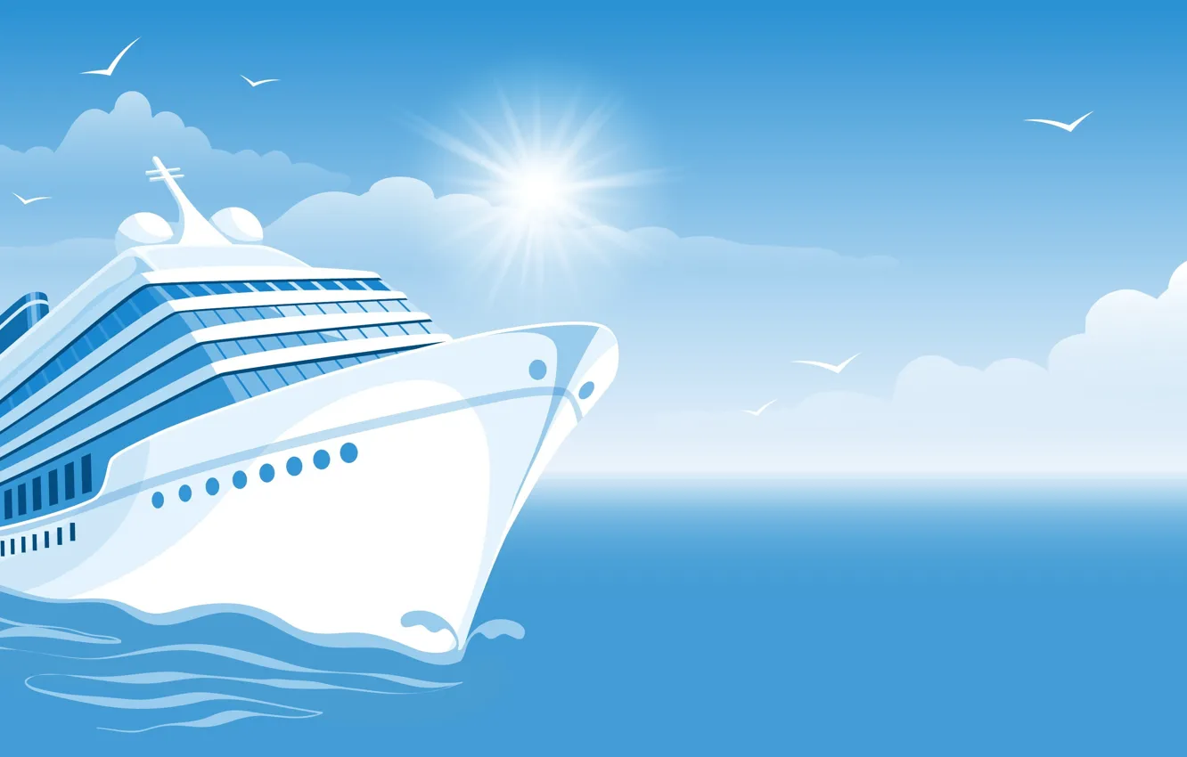 Photo wallpaper sea, the sun, clouds, bird, ship, sea, cloud, birds