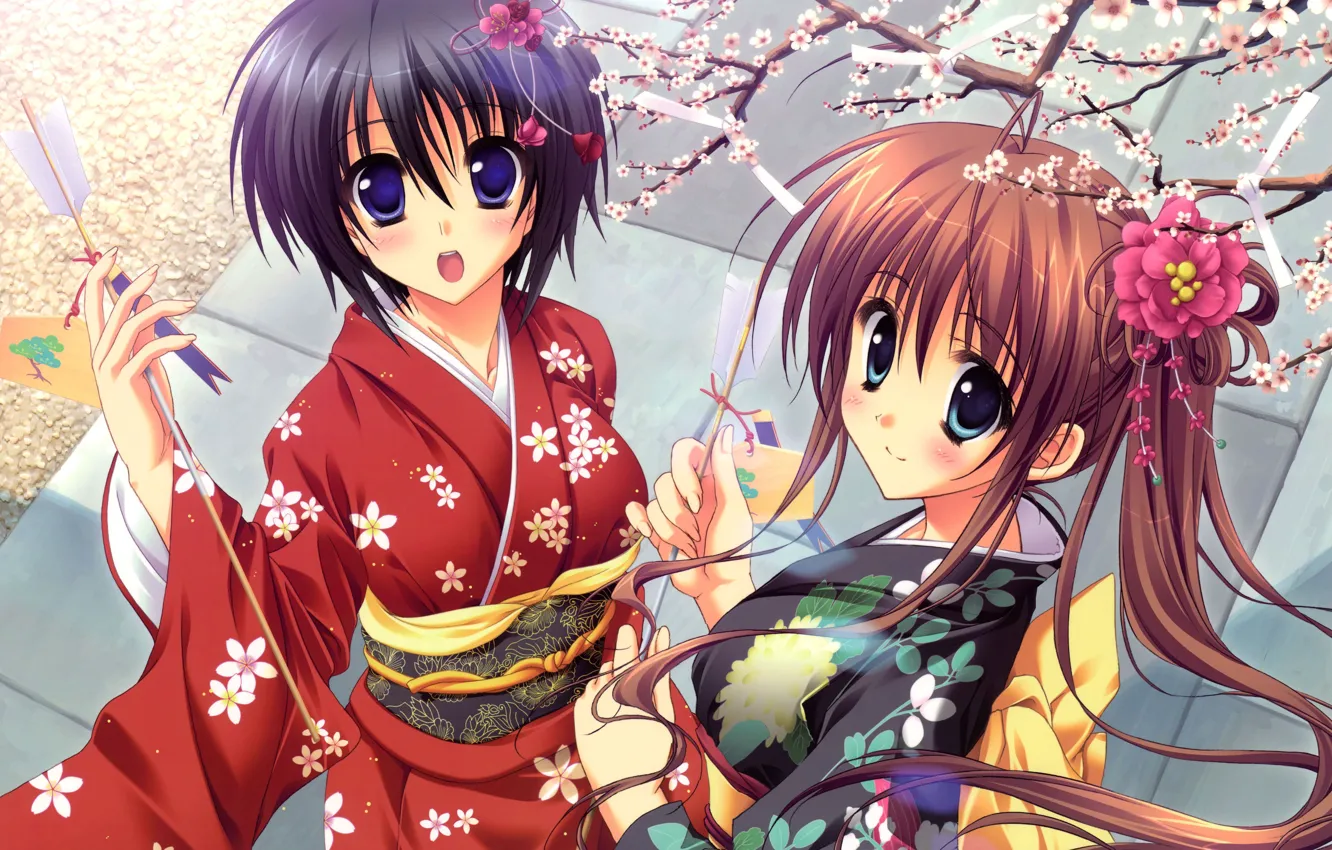 Photo wallpaper look, girls, tree, anime, yucata, He-Irr is read samurai Saki, Minato Nagase