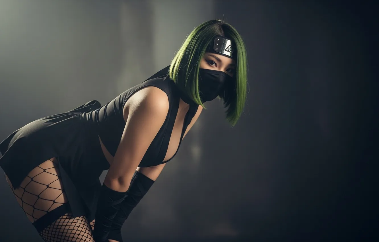 Photo wallpaper asian, green hair, minidress, Fishnet Stockings, Ninja Girl, AI Art, black minidress