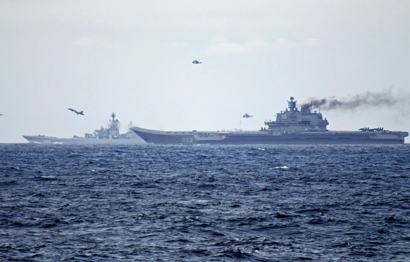 Photo wallpaper helicopter, the plane, Of the Navy of Russia, Aircraft-carrying cruiser Admiral Kuznetsov, Nuclear cruiser Peter …