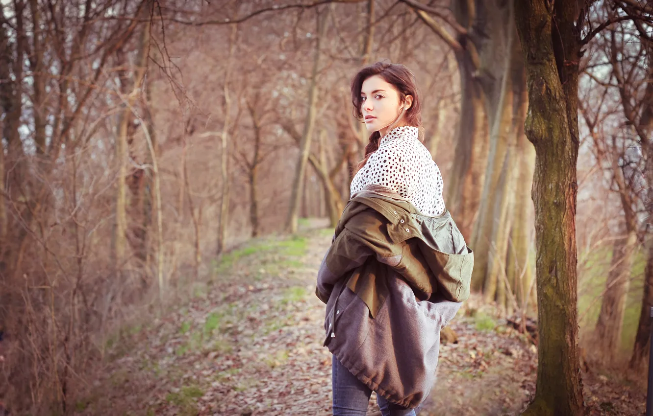 Photo wallpaper look, girl, brunette, jacket, shirt