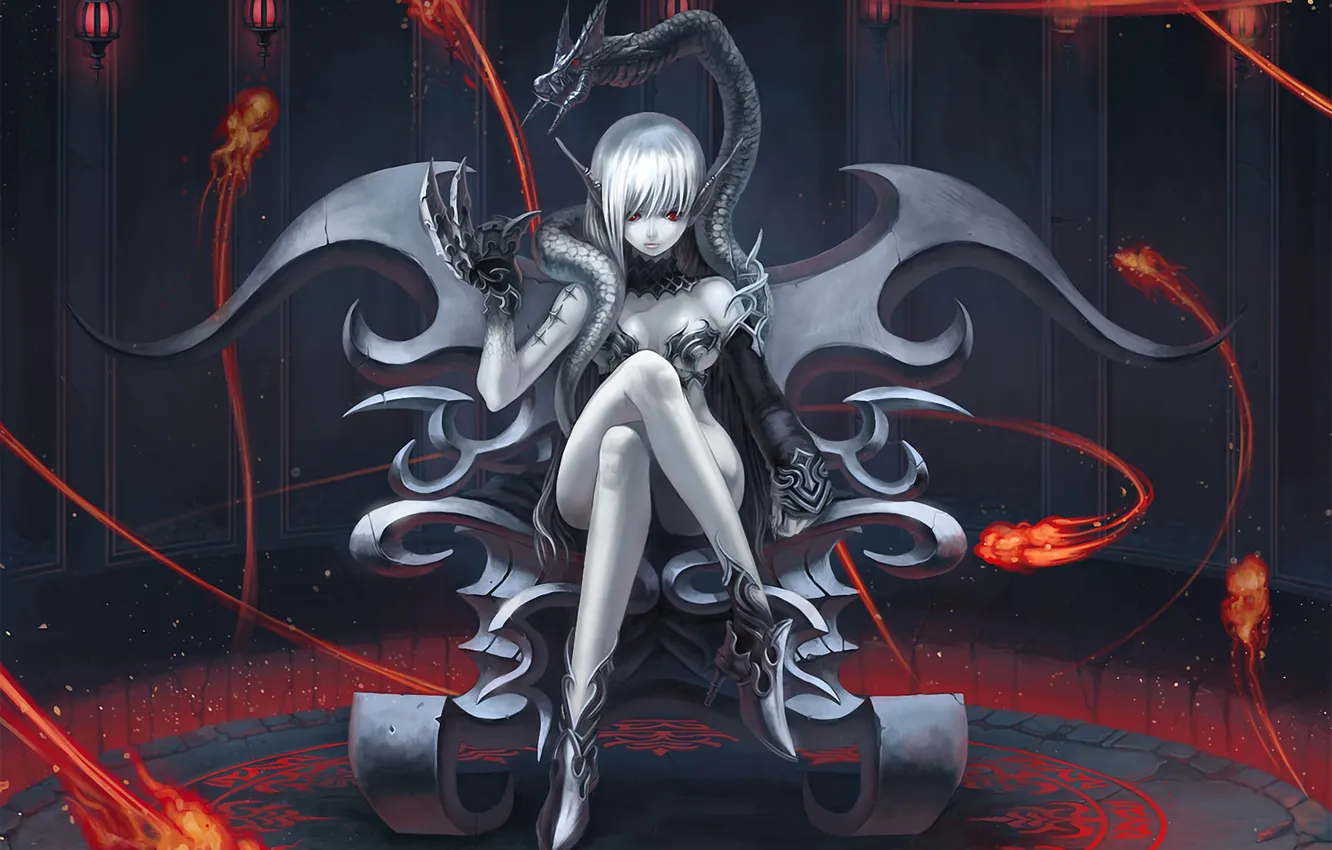 Photo wallpaper metal, lights, snake, claws, elf, red eyes, the throne