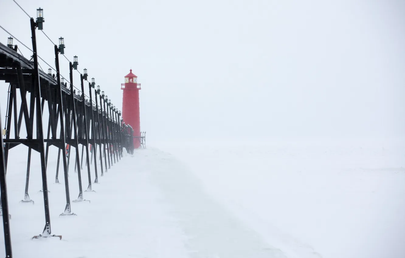 Photo wallpaper Grand, Winter, Snow, lighthouse, Lake, Michigan, Pier, Haven