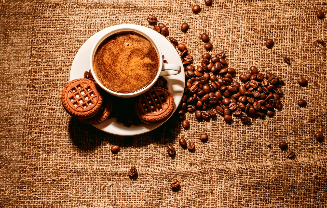 Photo wallpaper white, coffee, grain, cookies, Cup, drink, burlap, the view from the top