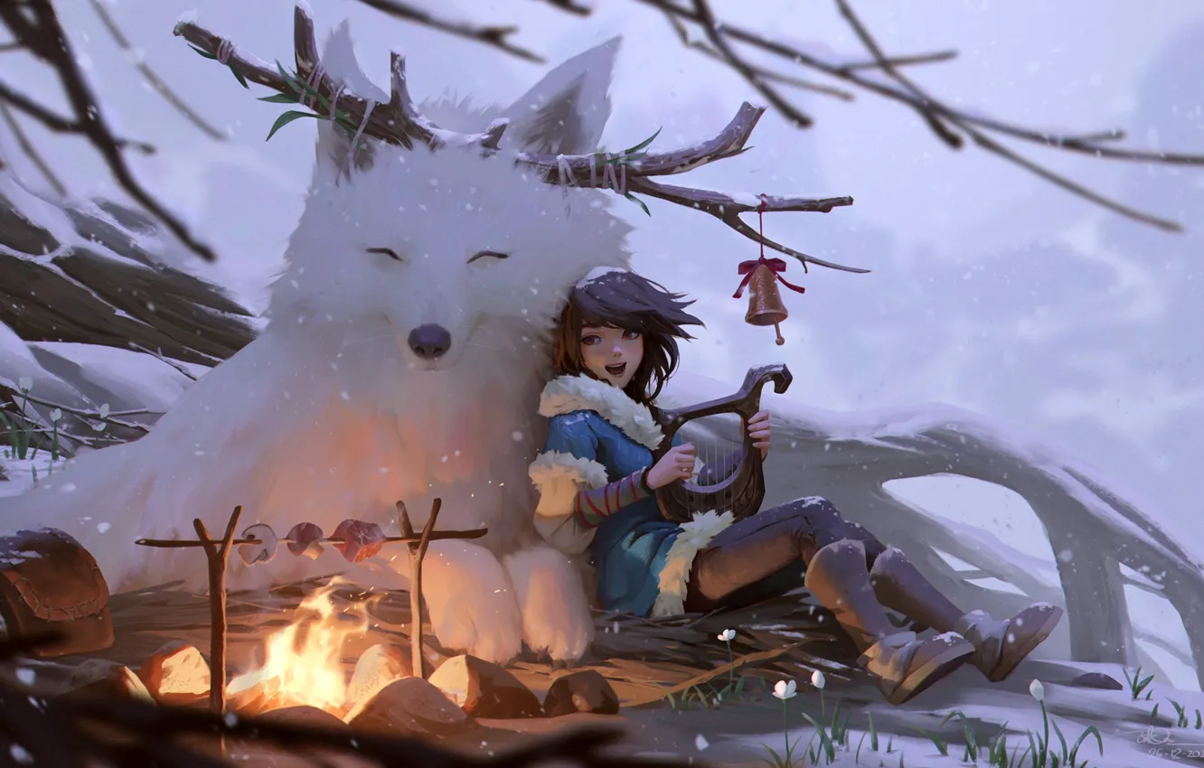 Photo wallpaper winter, girl, branches, animal, art, the fire, illustration, Knife In Le
