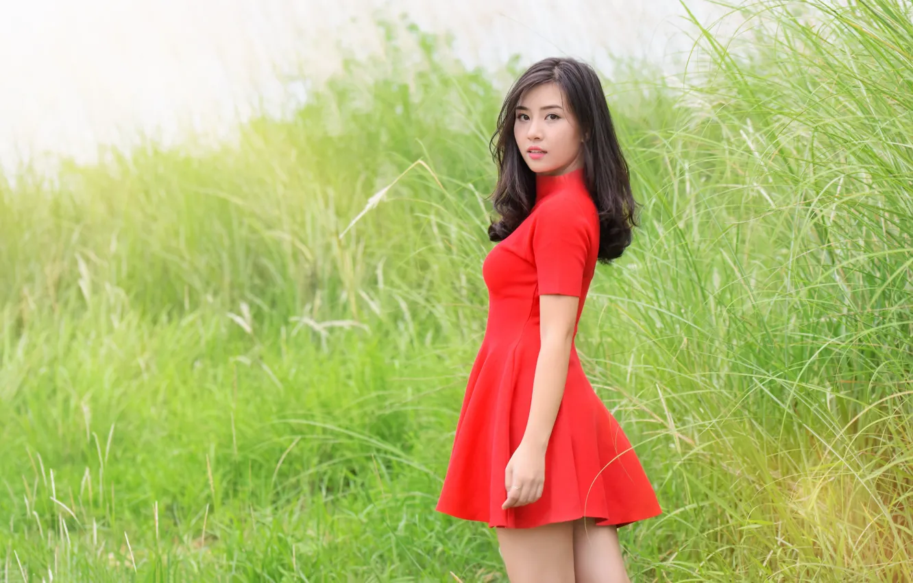Photo wallpaper summer, look, girl, red, dress, legs, Asian, beauty